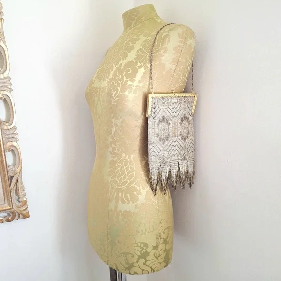 Vintage French Gold Color Beaded Purse Evening Bag W/ Fringe Retro Glam - Picture 2 of 8